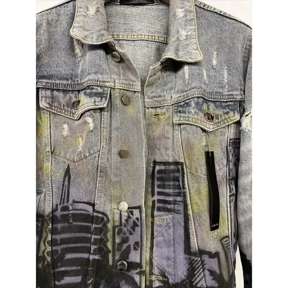 NEW Sz M Medium Mens Amiri Los Angeles Indigo Denim Airbrush "Hollywood" Jacket - Picture 9 of 11